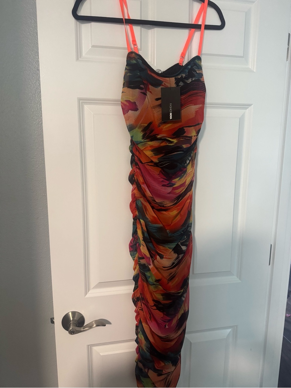 Fashion Nova Multicolor Abstract Maxi Dress with Neon Pink Straps